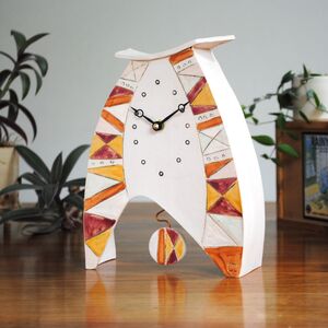 Handmade Ceramic Large Mantel Clock In Bright Warm Colours. Geometric Design. Triangle Patterns