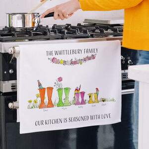 Personalised Welly Boot Family Tea Towel
