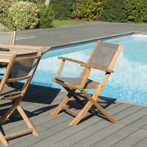 FUN - Set of 2 folding garden armchairs in teak and taupe-coloured textilene FUN - Set of 2 folding garden armchairs in teak and taupe-coloured textilene