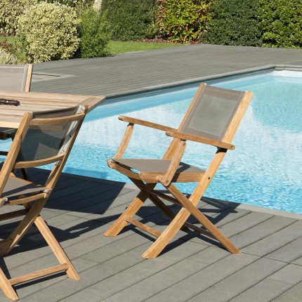 FUN - Set of 2 folding garden armchairs in teak and taupe-coloured textilene