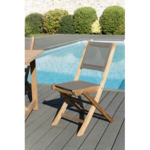 FUN - Set of 2 folding garden chairs in teak and taupe-coloured textilene FUN - Set of 2 folding garden chairs in teak and taupe-coloured textilene