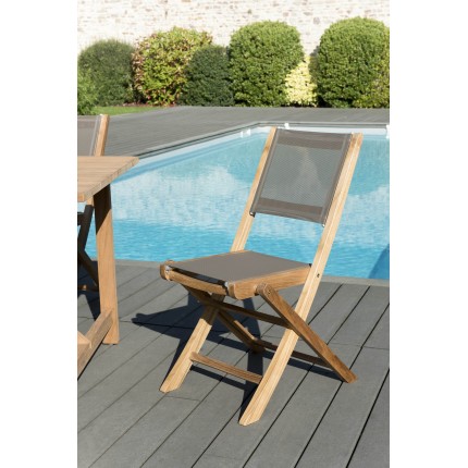 FUN - Set of 2 folding garden chairs in teak and taupe-coloured textilene
