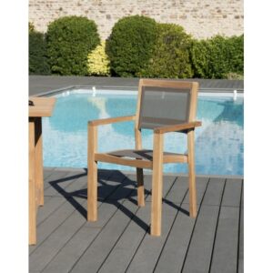 FUN - Set of 2 stackable garden armchairs in teak wood and taupe-coloured textilene FUN - Set of 2 stackable garden armchairs in teak wood and taupe-coloured textilene
