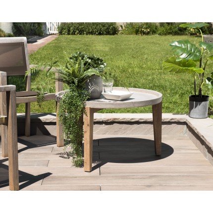 HECTOR - Round concrete garden coffee table 81x81 cm with acacia wood legs