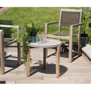 HECTOR - Round concrete garden side table 50x50 cm with acacia wood legs