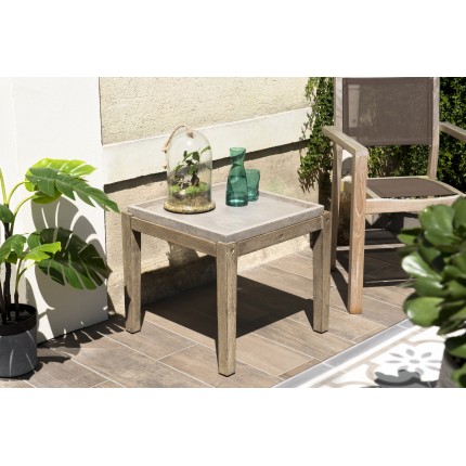 HECTOR - Square concrete garden side table 53x53 cm with acacia wood legs