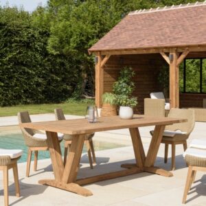 KALLY - Garden dining table 220x100cm recycled teak with inverted V-shaped legs