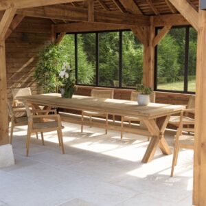 KALLY - Garden dining table 320x100cm in recycled teak with crossed legs