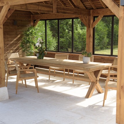 KALLY - Garden dining table 320x100cm in recycled teak with crossed legs