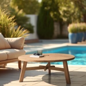 KALLY - Round garden coffee table in natural recycled teak, diameter 95cm.