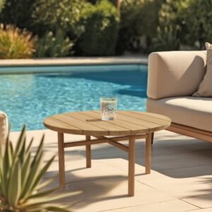 KALLY - Round garden coffee table made from natural recycled teak, diameter 80cm.