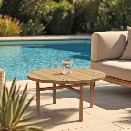 KALLY - Round garden coffee table made from natural recycled teak, diameter 80cm.