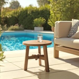 KALLY - Side table stool in natural recycled teak, diameter 47cm.