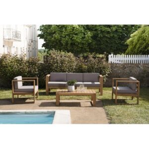 KIM - TEAK WOOD GARDEN FURNITURE SET: 1 3-seater sofa, 2 armchairs with waterproof cushions and 1 rectangular coffee table 11