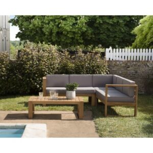 KIM - TEAK WOOD GARDEN FURNITURE SET: 1 corner sofa (5 seater) with waterproof cushion and 1 rectangular coffee table (110x60