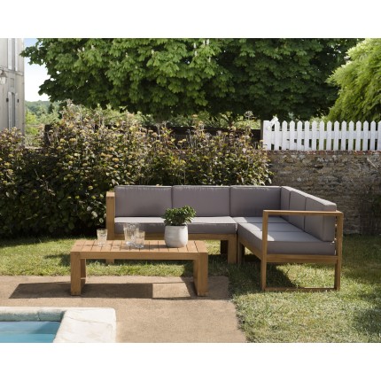 KIM - TEAK WOOD GARDEN FURNITURE SET: 1 corner sofa (5 seater) with waterproof cushion and 1 rectangular coffee table (110x60 KIM - TEAK WOOD GARDEN FURNITURE SET: 1 corner sofa (5 seater) with waterproof cushion and 1 rectangular coffee table (110x60
