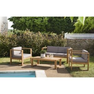 KIM - TEAK WOOD GARDEN FURNITURE SET - 1 two-seater sofa, 2 armchairs with waterproof cushions and rectangular coffee table (