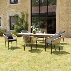 MALO - Lot de 6 fauteuils en cordage couleur naturelle coussins noirs MALO - Lot de 6 fauteuils en cordage couleur naturelle coussins noirs