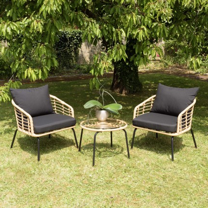 MALO - Set of 2 synthetic rattan armchairs and round coffee table