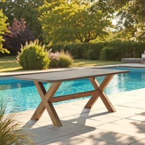 NESTOR - 200x100cm dining table with a brown concrete-effect top and acacia wood legs
