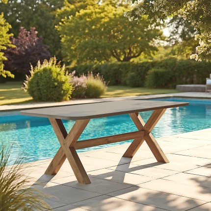 NESTOR - 200x100cm dining table with a brown concrete-effect top and acacia wood legs