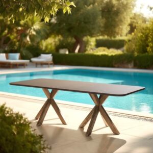 NESTOR - 240x100cm dining table with a brown concrete-effect top and acacia wood legs NESTOR - 240x100cm dining table with a brown concrete-effect top and acacia wood legs