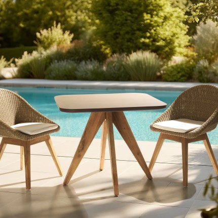 NESTOR - 90x90cm square dining table with a brown concrete-effect top and acacia wood legs