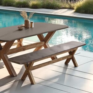 NESTOR - Bench, 200x40cm, brown concrete-effect finish with acacia wood legs NESTOR - Bench, 200x40cm, brown concrete-effect finish with acacia wood legs