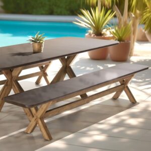 NESTOR - Bench, 240 x 40 cm, brown concrete-effect finish with acacia wood legs NESTOR - Bench, 240 x 40 cm, brown concrete-effect finish with acacia wood legs