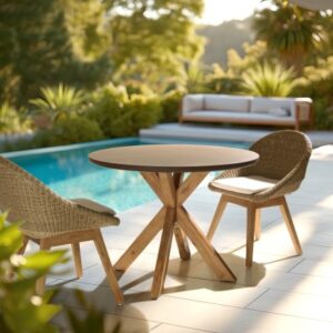 NESTOR - Round dining table with a brown concrete-effect top and acacia wood legs, diameter 100cm