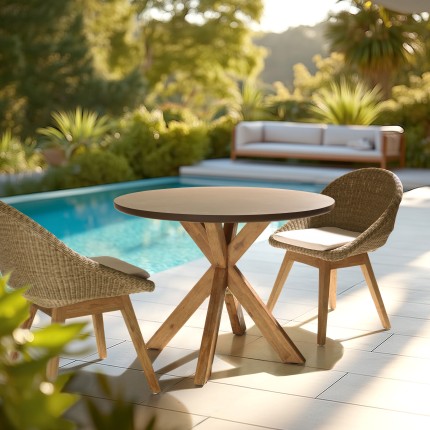 NESTOR - Round dining table with a brown concrete-effect top and acacia wood legs, diameter 100cm