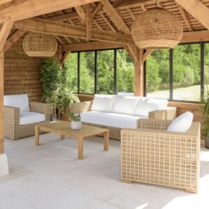 VALERIA - 6-seater garden furniture set in beige openwork synthetic rattan