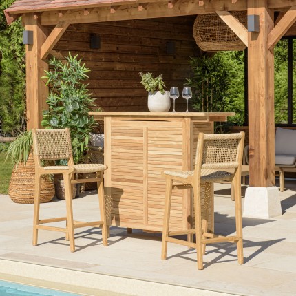 VALERIA - Set of 2 beige synthetic rattan teak garden bar stools