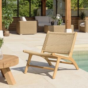 VALERIA - Set of 2 beige synthetic rattan teak garden lounge chairs