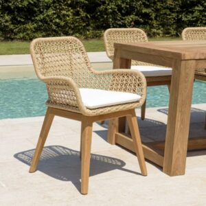 VALERIA - Set of 2 garden armchairs in synthetic rattan and teak with white cushion