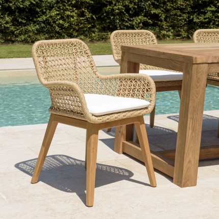 VALERIA - Set of 2 garden armchairs in synthetic rattan and teak with white cushion