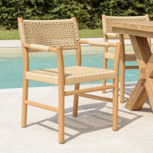 VALERIA - Set of 2 garden armchairs with armrests in beige synthetic rattan and teak