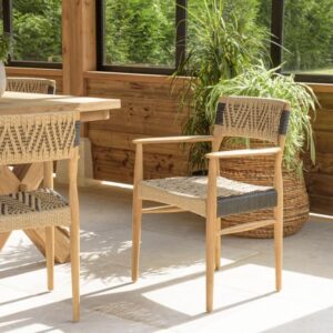 VALERIA - Set of 2 teak garden armchairs in beige/black synthetic rattan