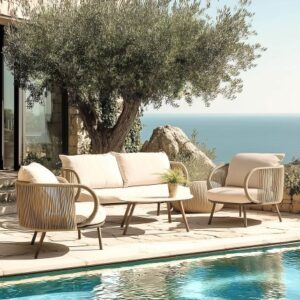 VICK - 4-seater garden furniture set in steel and taupe synthetic rope