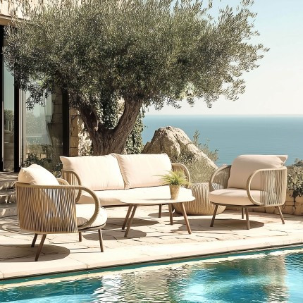 VICK - 4-seater garden furniture set in steel and taupe synthetic rope