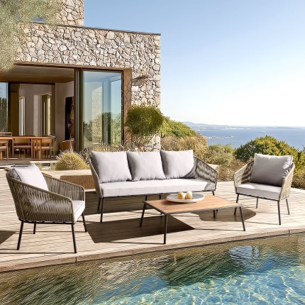 VICK - 5-seater garden furniture set in steel, taupe synthetic rope, oiled acacia