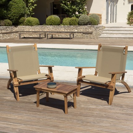 VICK- ACACIA WOOD GARDEN FURNITURE SET FOR 2 PEOPLE - 2 armchairs and 1 coffee table 63.5 x 36 cm