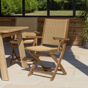 VICK - Set of 2 folding armchairs in oiled acacia and synthetic rattan
