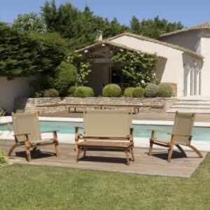 VICTOIRE - ACACIA WOOD GARDEN FURNITURE SET FOR 4 PEOPLE - 1 two-seater sofa, 2 armchairs and 1 rectangular coffee table 100 x 5