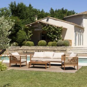 VICTOIRE - ACACIA WOOD GARDEN FURNITURE SET FOR 5 PEOPLE - 1 three-seater sofa, 2 armchairs and 1 rectangular coffee table 100 x